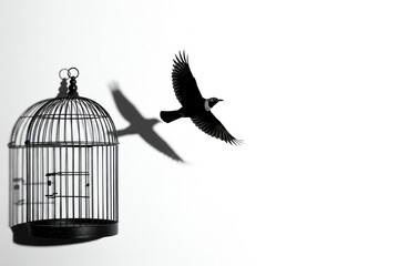 Fototapeta premium The bird flies out of the open cage, leaving a shadow behind it. Space for text.