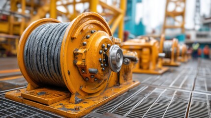 Steel wire rope drum on a crane winch at an offshore oil rig. Essential for energy and petroleum operations in remote wellhead platforms