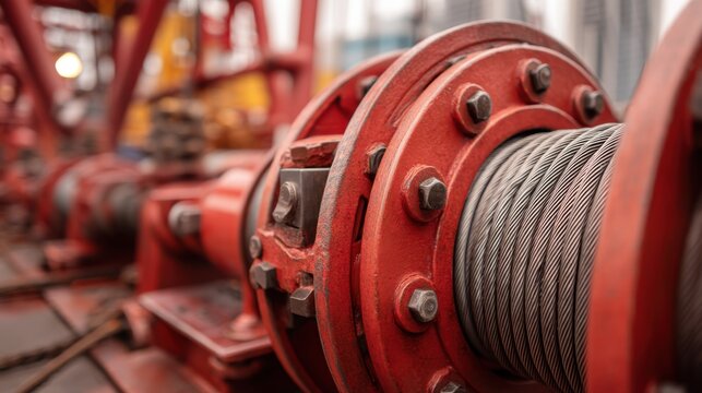 Crane winch with steel wire rope drum on an offshore oil and gas platform. Key equipment for the energy and petroleum industry