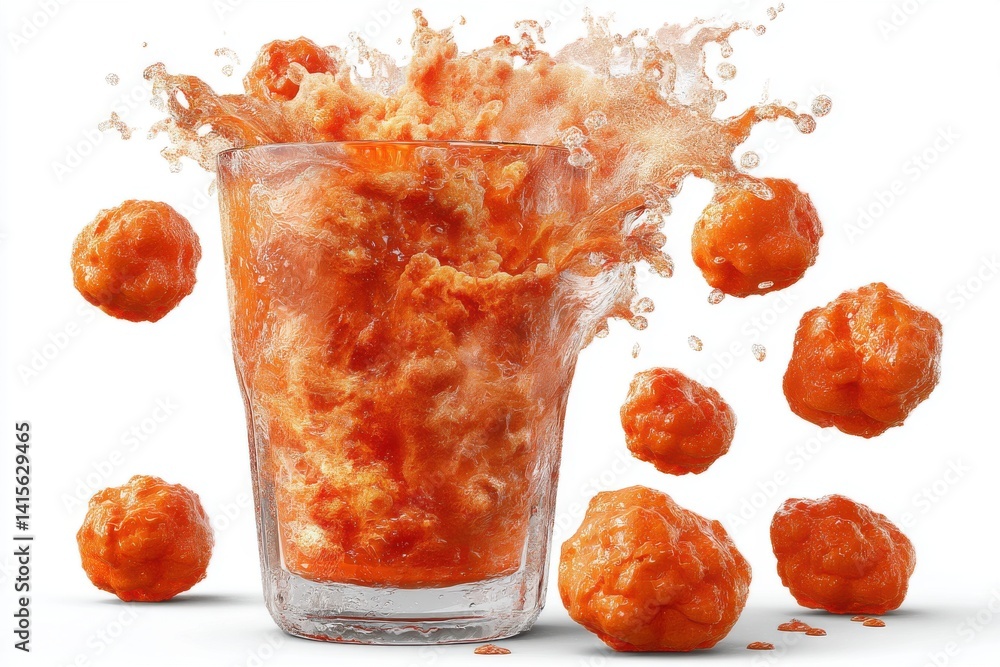 Poster an explosion of vibrant orange juice from a glass, surrounded by floating mandarins, creating a dyna