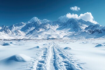 Obraz premium Snowy Mountain Landscape with Distant Range and Lone Climber in the Pasture