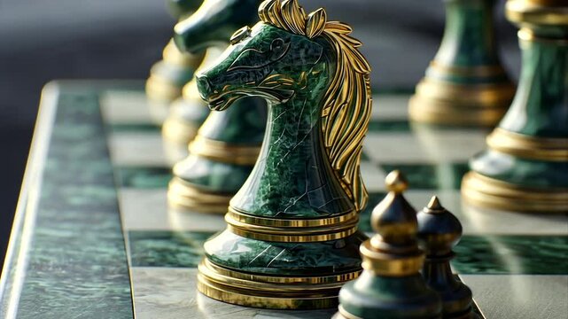 Green marble chess knight with gold accents on a green marble board