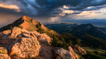 Fototapeta premium Mountain Summit with Dramatic Lighting and Dark Clouds