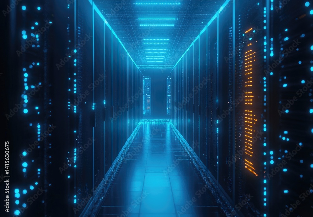 Poster high-tech data center corridor illuminated by vibrant blue lights and glowing server racks. ideal fo