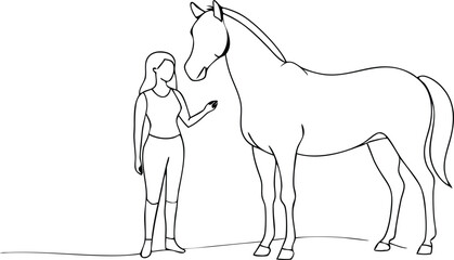 Minimalist Outlines Woman Gently Touching Horse, Black and White Equine and Female Art