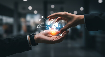 Content Management. Hand of man holding a global digital network connection, data-driven content distribution platform integration, cloud-based collaboration enhancing efficient workflow management