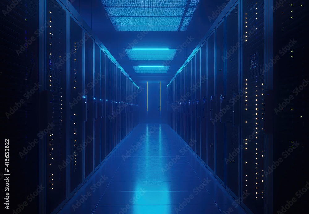 Poster dark data center corridor with glowing blue overhead lights and server racks. great for visuals on c