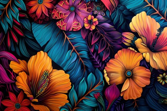 A vibrant illustration featuring a close-up of orange hibiscus flowers and blue leaves, Vibrant colors of exotic flora and fauna