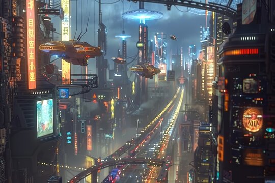 Cybersecurity operators work in a futuristic cityscape setting, monitoring networks and data streams on multiple screens, A futuristic cyberpunk cityscape with flying cars
