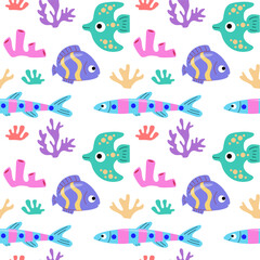 Seamless flat cartoon pattern with fish and corals