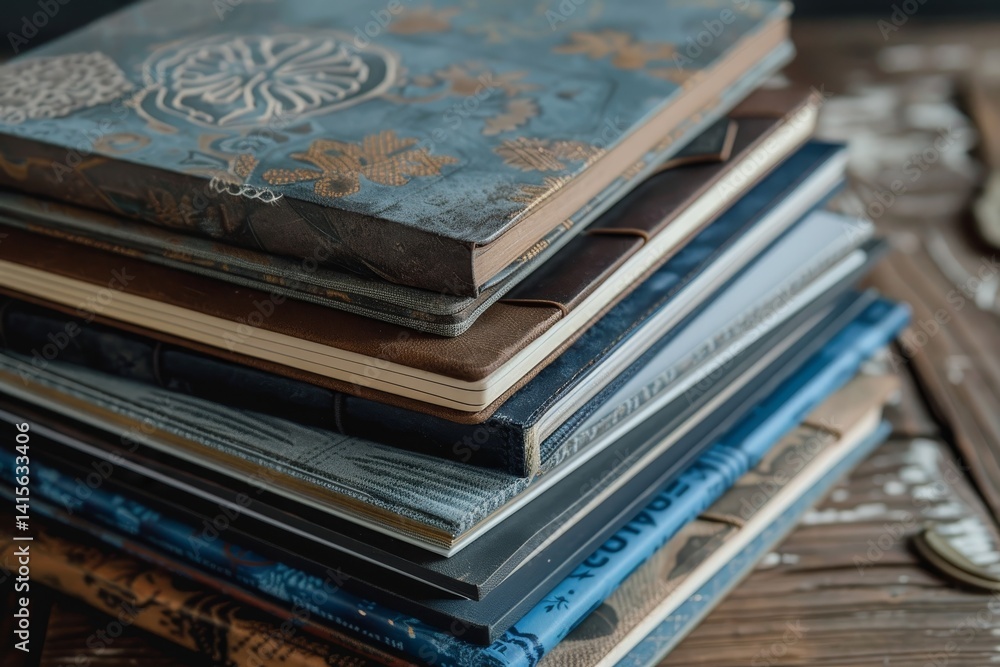 Poster a close-up shot of a stack of notebooks with different designs, resting on a wooden surface, a stack