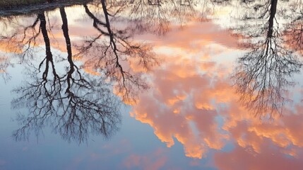 Trees and clouds reflect beautifully on a calm body of water