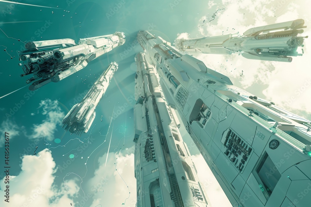 Poster a futuristic skyscraper with robotic arms extending upwards against a bright blue sky with white clo