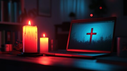 Laptop displaying cross image, with candles in a dimly lit room