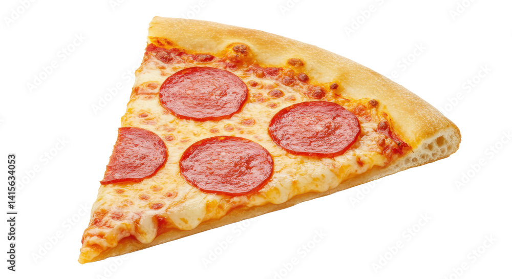Poster a single slice of pepperoni pizza with a golden crust isolated on a black background view from above