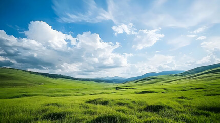 Naklejka premium Green Valley With Rolling Hills Under A Cloudy Blue Sky