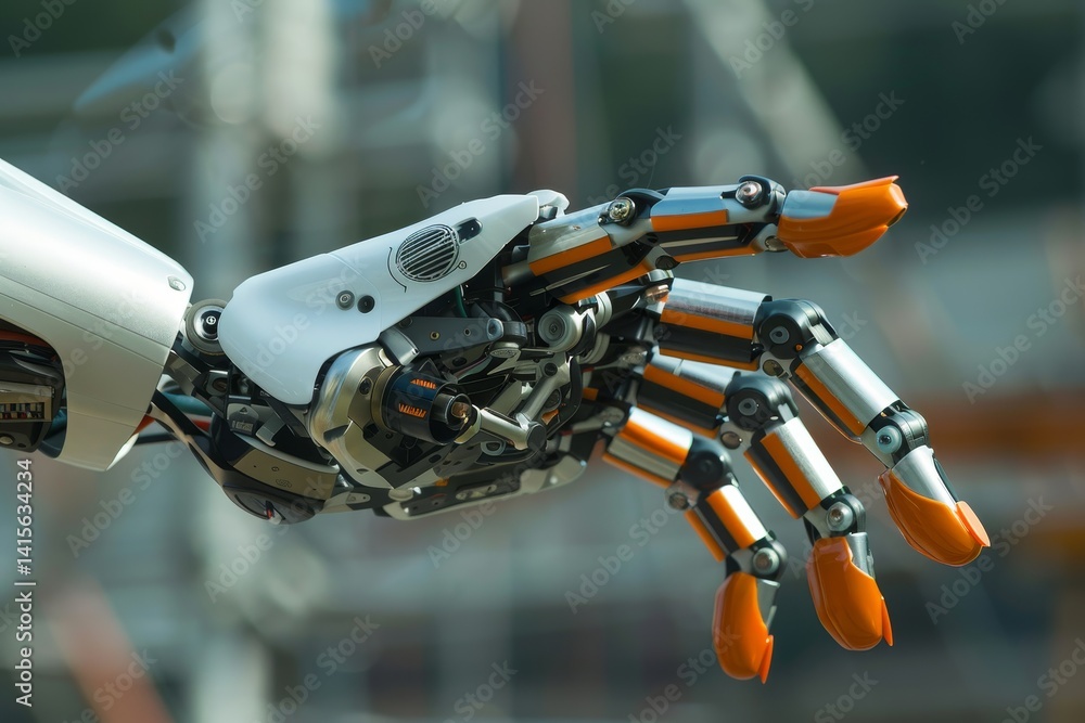 Poster a construction robot hand with orange-tipped fingers displays intricate mechanical design in close-u