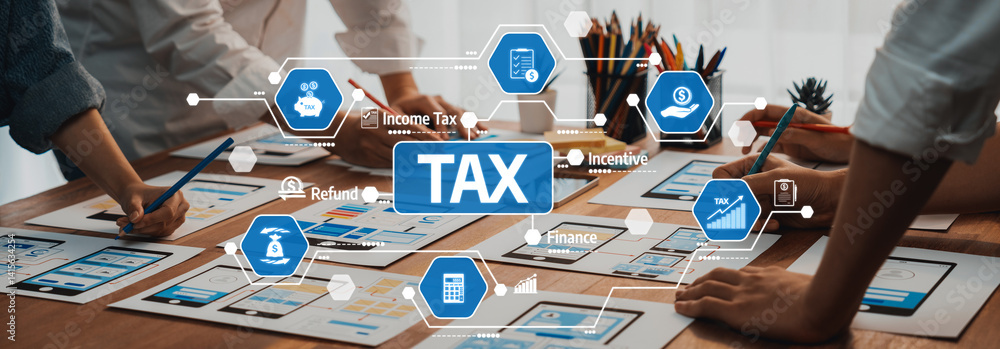 Aufkleber A collaborative tax planning session where a team analyzes financial data and graphs on digital devices, focusing on strategies for income tax and refunds. Amity