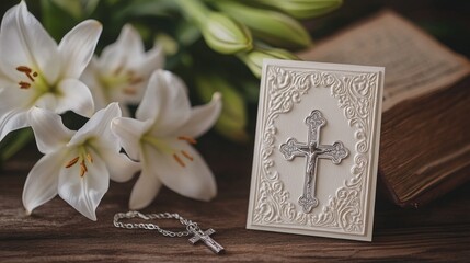 Elegant Easter Still Life: Lily, Cross Card, Rosary, and Holy Bible - A Symbol of Hope, Faith, and Resurrection Celebration with Traditional Christian Elements