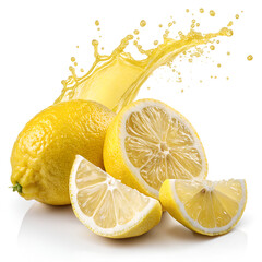 Fresh Lemon Splash with Sliced Citrus Isolated on White Background – High Resolution Fruit Concept Image