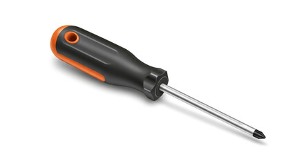 A trusty screwdriver, ready for any task, showcasing its sleek black and orange handle against a bright white background.