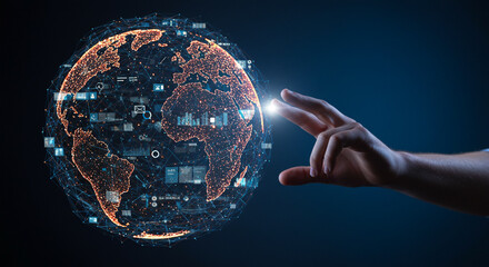 Content Management. Hand of man holding a global digital network connection, data-driven content distribution platform integration, cloud-based collaboration enhancing efficient workflow management