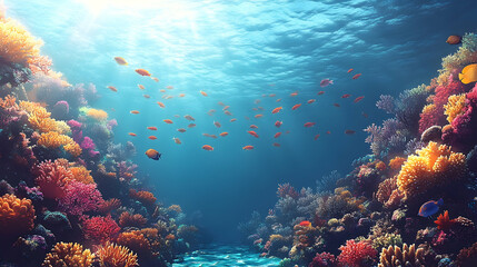 Fototapeta premium Underwater scene of colorful coral reefs populated with schools of small fish illuminated by sunlight filtering through