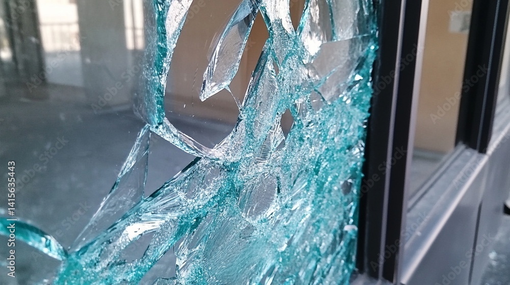 Poster broken glass reveals a chaotic pattern, emphasizing the tension and vulnerability of spaces that sho
