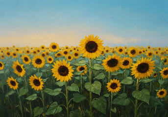Fototapeta premium Sunflower Field Painting Vibrant Yellow Flowers Under Blue Sky, Beautiful Nature Art.