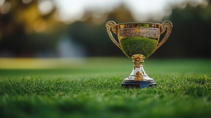 Golden Trophy Award on Lush Green Grass Championship Victory Success