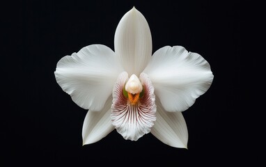 Obraz premium White orchid with maroon spots levitates against a stark black background. The image is sharply focused, showcasing the flower's intricate details and delicate texture