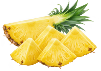 Fresh pineapple slices and half cut fruit on transparent background