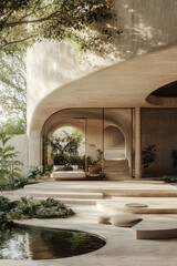 Fototapeta premium Courtyard with a fountain; stone pathways leading to a central fountain surrounded by lush greenery and colorful flowers, creating a serene oasis.