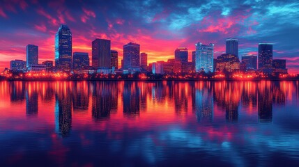 Fototapeta premium Vibrant cityscape at sunrise reflected in water