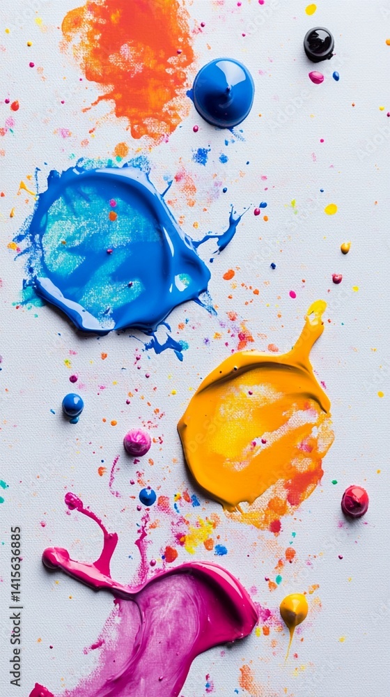 Poster vibrant splashes of colorful paint create a dynamic and artistic composition on a white background, 