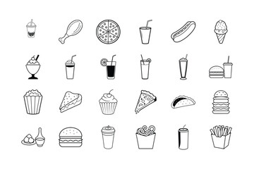 Set of Drinks  and fast food vector line art