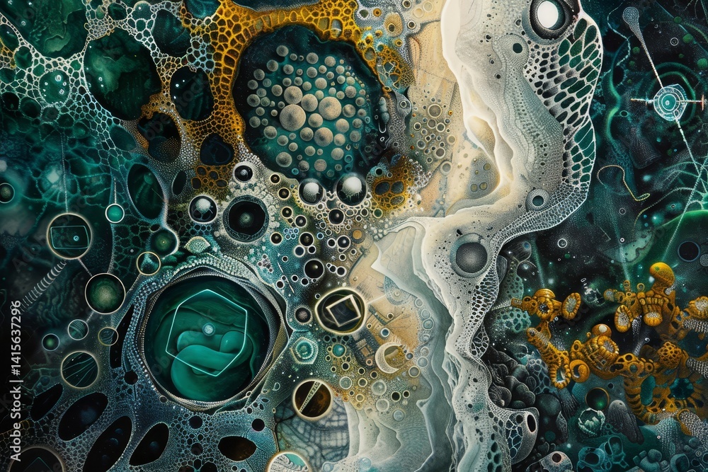 Poster an abstract artwork depicting the complexity of biotechnological processes with intricate patterns a