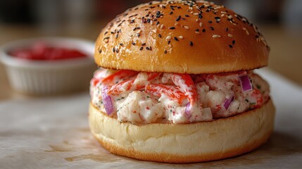 Delicious Crab Salad Sandwich on Sesame Bun with Red Onion and Creamy Dressing
