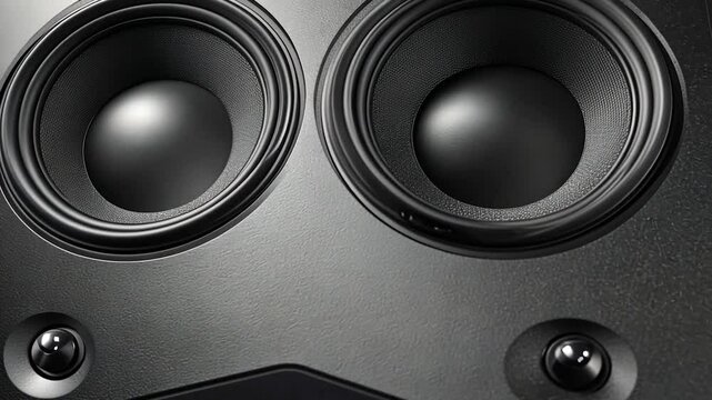 Close-up of high-fidelity stereo speakers, showing woofer cones and controls