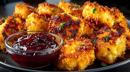 Golden Fried Cheese Bites with Sweet Dipping Sauce
, Close-up of crispy fried cheese bites with a golden crust, served with a sweet dipping sauce and sprinkled with fresh herbs.
