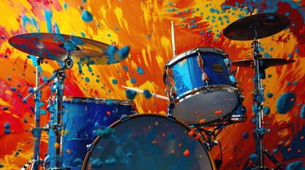Vibrant drum set with colorful splashes against a dynamic background, showcasing a lively music scene