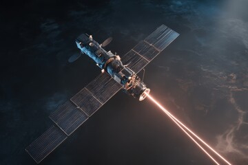 Obraz premium Futuristic Satellite: A space-based observatory with solar panels emits energy beams, set against a dark cosmic backdrop. Space tech innovation.