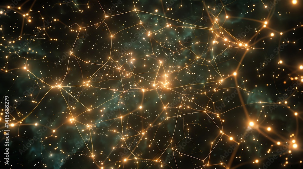 Aufkleber vast network of interconnected glowing golden nodes and lines spreading across a dark cosmic backgro