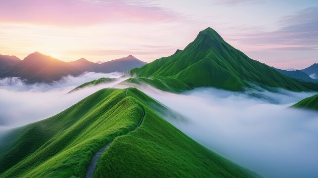 Green mountains covered in mist at sunrise, providing a serene and peaceful landscape.