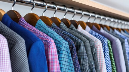 Obraz premium Organized mens shirts hanging in closet colorful apparel style and fashion