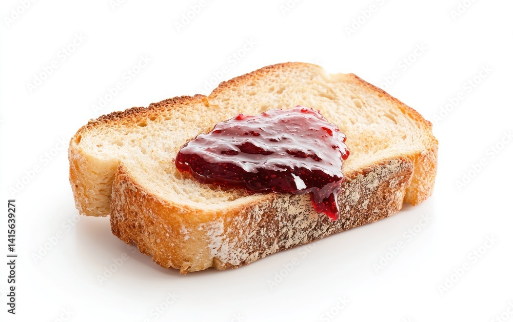Poster golden toasted bread slice with red jam, isolated on white background. close-up view showing texture