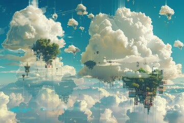 A digital art illustration depicting the concept of cloud computing as a futuristic cityscape floating in the clouds, An imaginative depiction of cloud computing