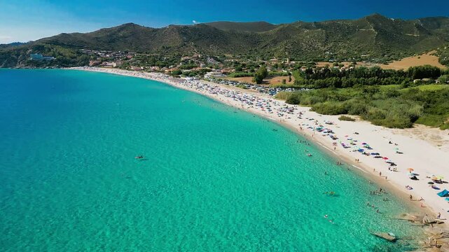 Aerial view of the Solanas beach in the province Sinnai in Sardinia, Italy
