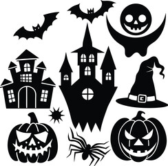 Halloween Silhouette Icons – Haunted House, Pumpkins, Bats, Ghost, and Witch Hat