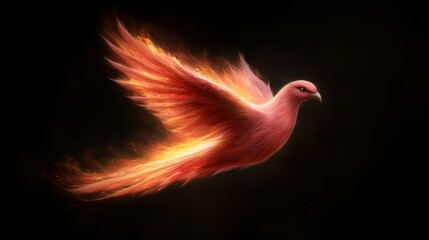 Fiery Dove Ascent Burning Wings on Black, Phoenix , Bird art